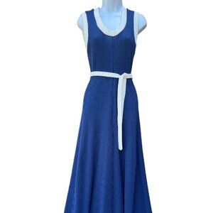 Vintage 70s Women's Maxi Dress Blue Knit Sleeveless Belted Mod USA Made Belted